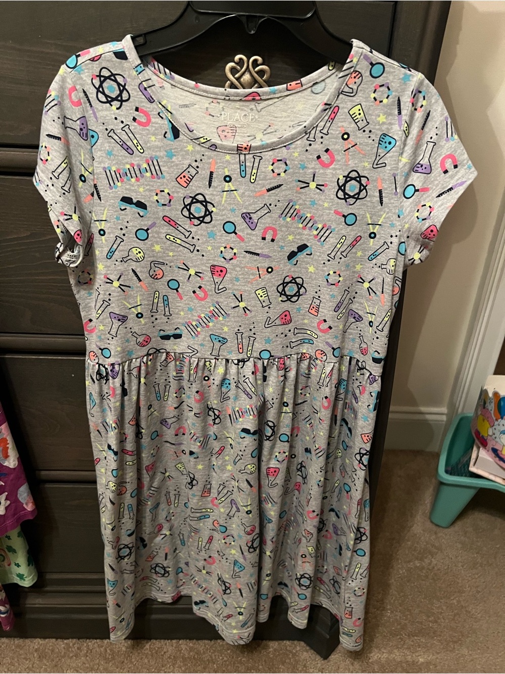 The Children's Place Girls 16 Science Print Short Sleeve Dress Gray with Neon